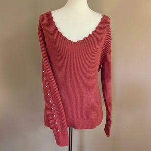 Deep Rose/Muted Coral Long Sleeve Sweater with faux Pearl details down sleeves